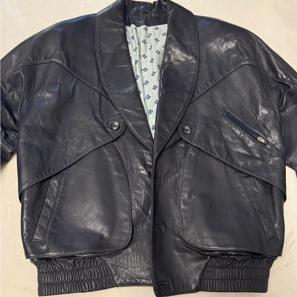 Brooks Brothers Navy Leather Bomber Jacket